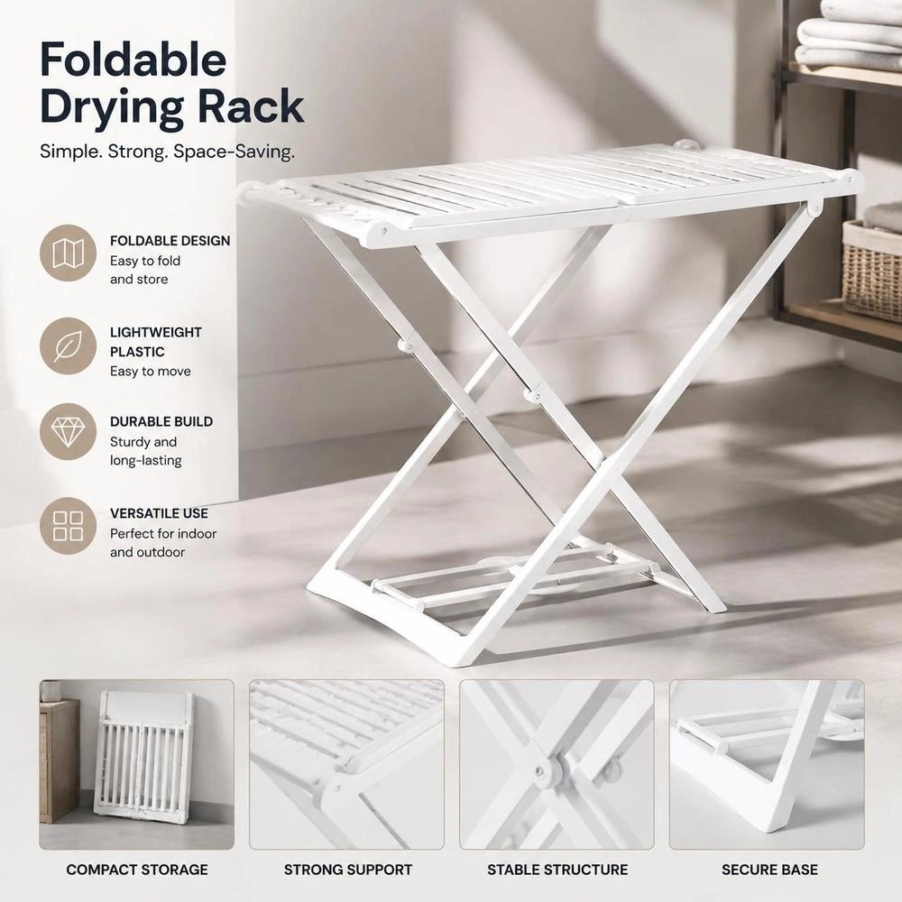 Foldable Clothes Drying Rack, White Plastic