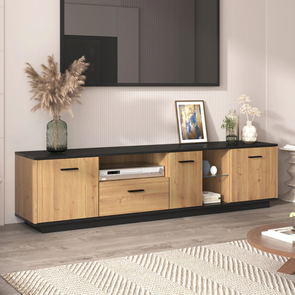 Mobile TV con 3 Ante; 1 Cassetto; 2 Vani a Giorno e LED 16 Colori; MDF; Nero e Effetto Legno; 180??37??45 cm