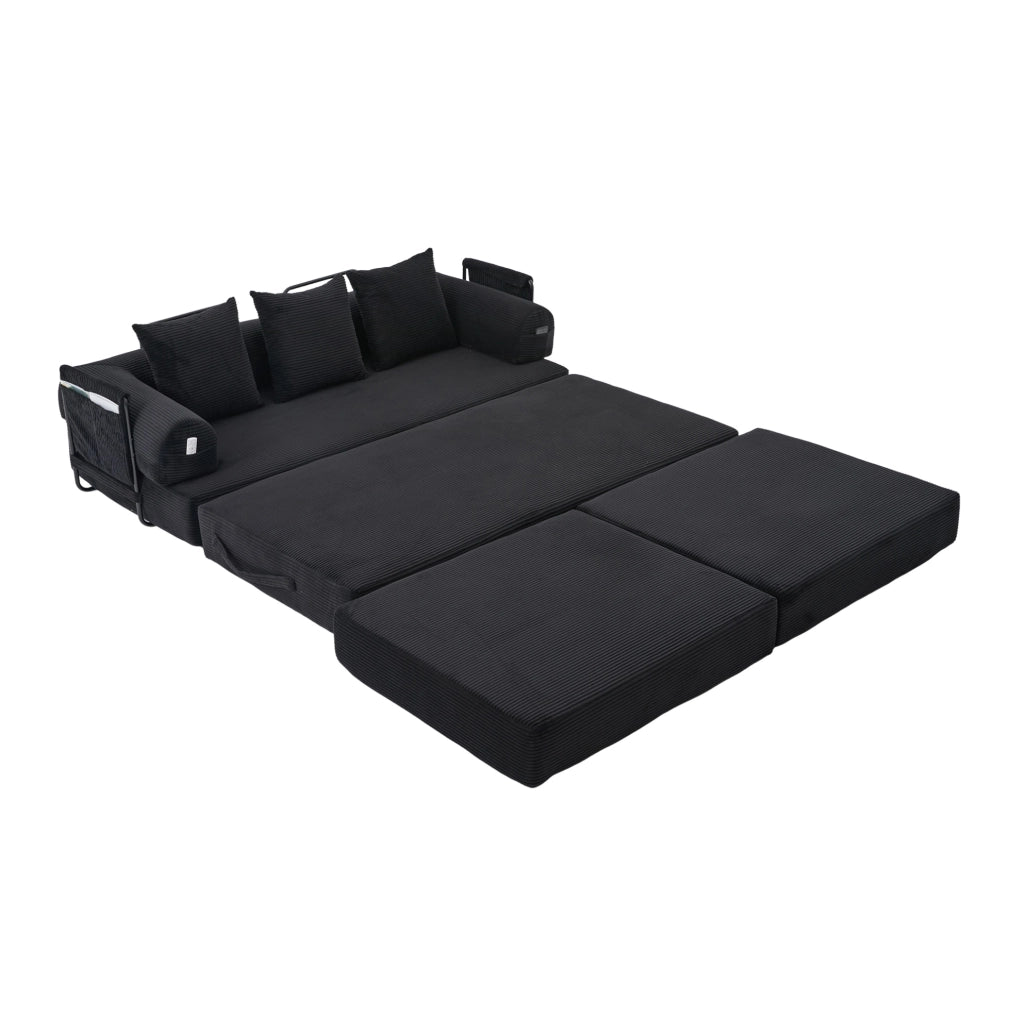 Divano modulare ULEVR 200x190 cm in velluto a coste nero con ottomana, tasca laterale e 3 cuscini
