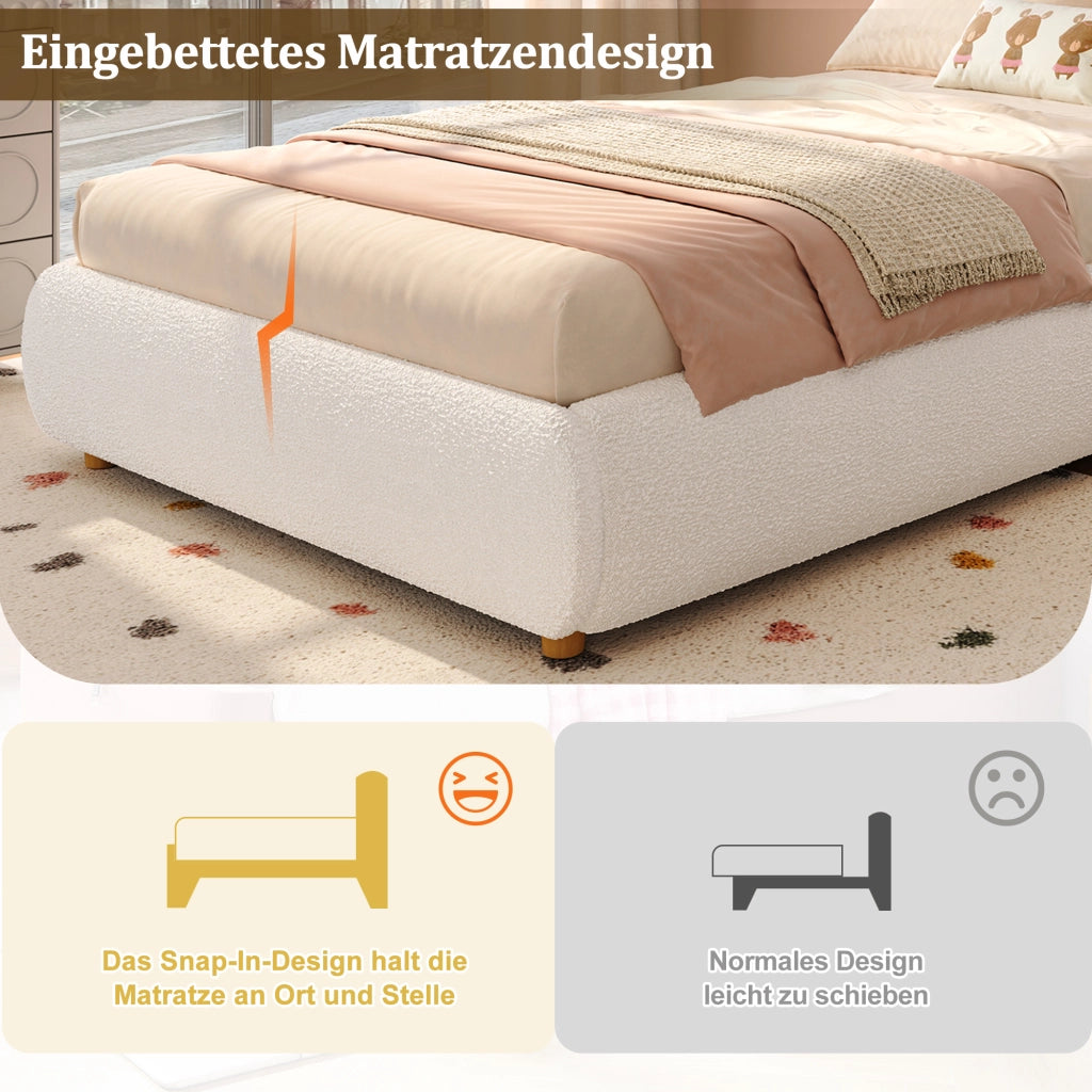 Letto singolo in bouclé beige 90x200 sollevamento idraulico doghe testiera