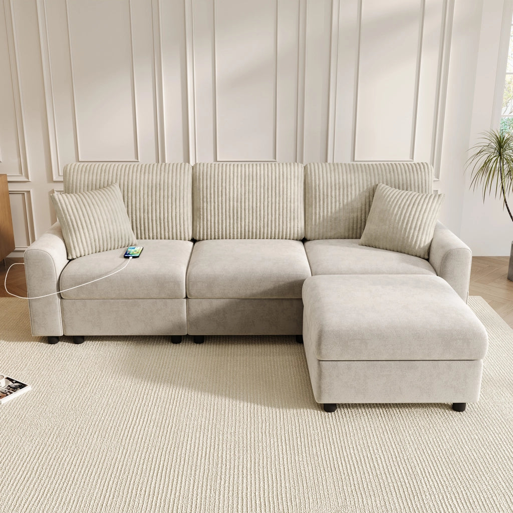 Divano moderno beige 223x146x84 cm in ciniglia e velluto a coste con pouf e porte USB