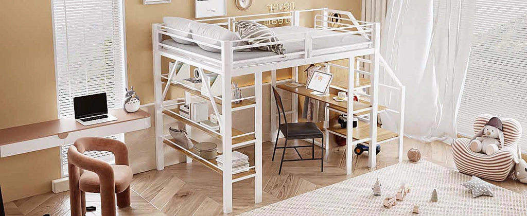 DESMIU Letto a Soppalco Letto Matrimoniale con scrivania, armadio, scaffali e scala contenitore 140 × 200 cm, senza materasso