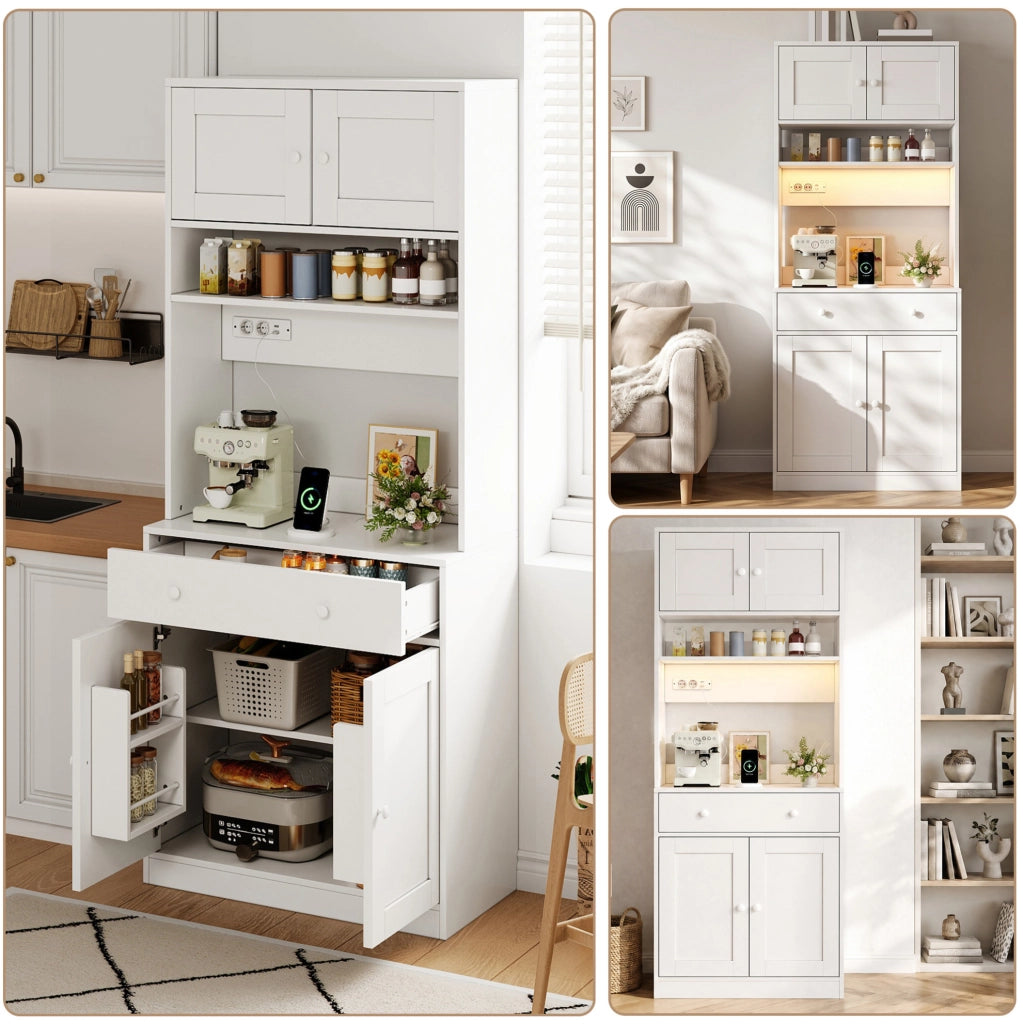 Credenza cucina multifunzione 72x40x180 cm con LED; prese USB e finitura bianca in MDF