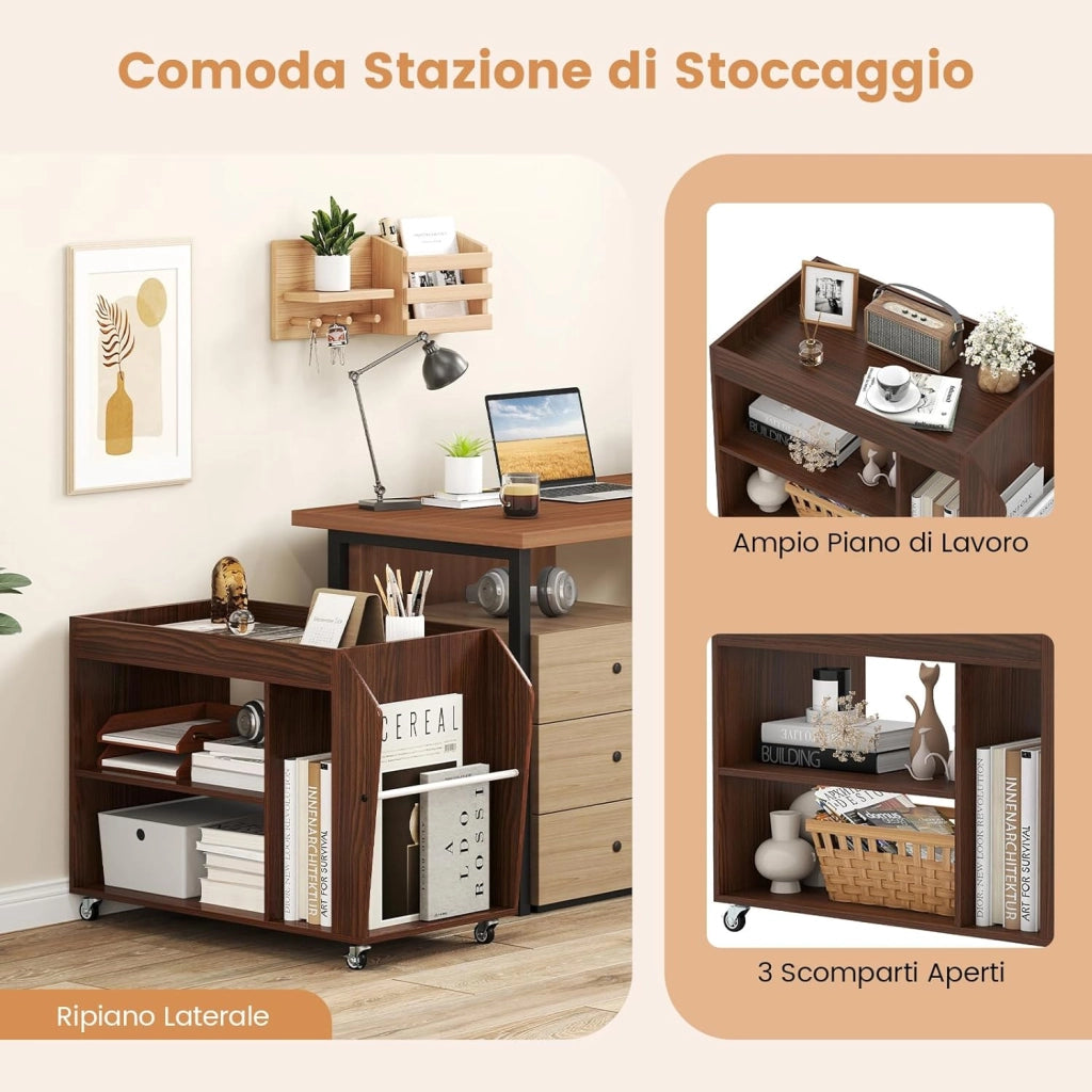 Tavolino da Salotto a 3 Ripiani con Ruote, Tavolino Caffè Laterale in Legno per Soggiono e Studio, Mobile Porta Stampante per Casa e Ufficio, 76 x 39,5 x 55 cm, Noce