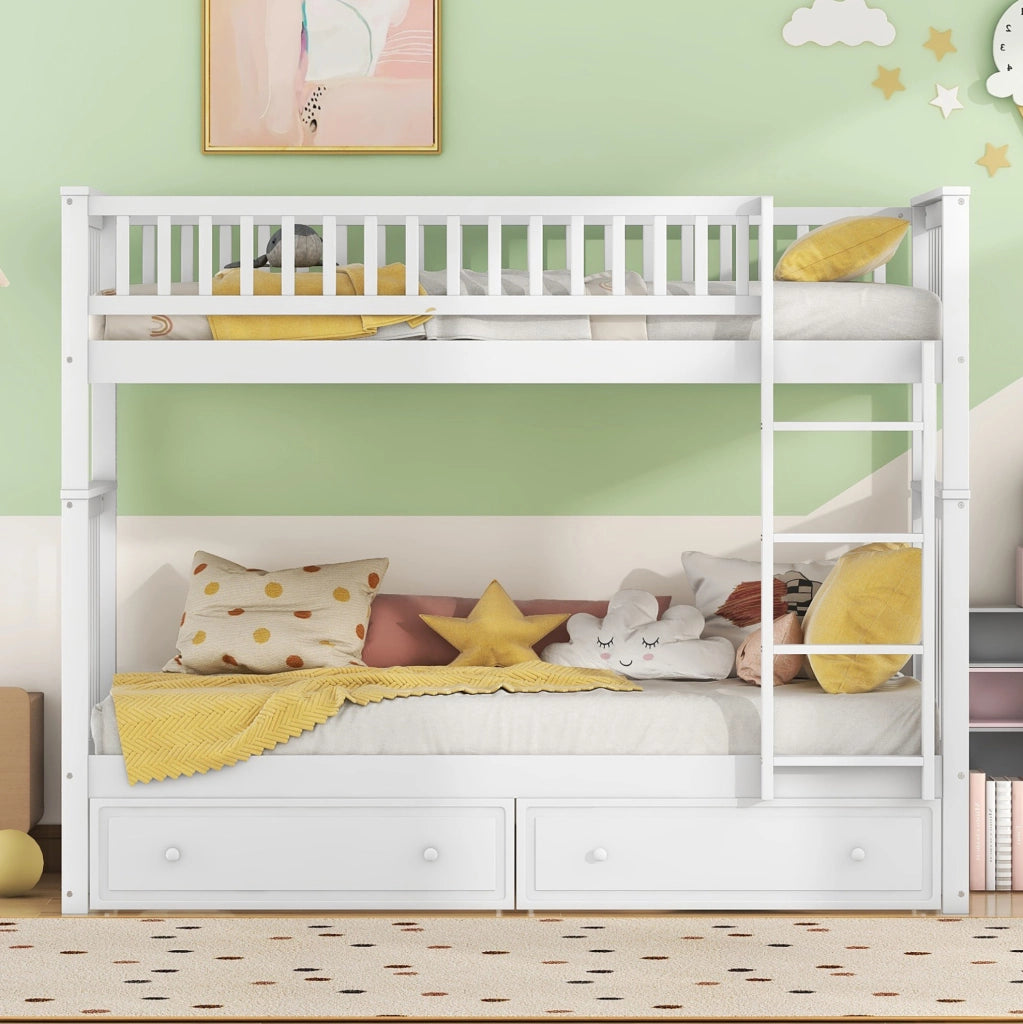 Letto a castello 90x200 cm convertibile in due letti; con 2 cassetti; pino; bianco