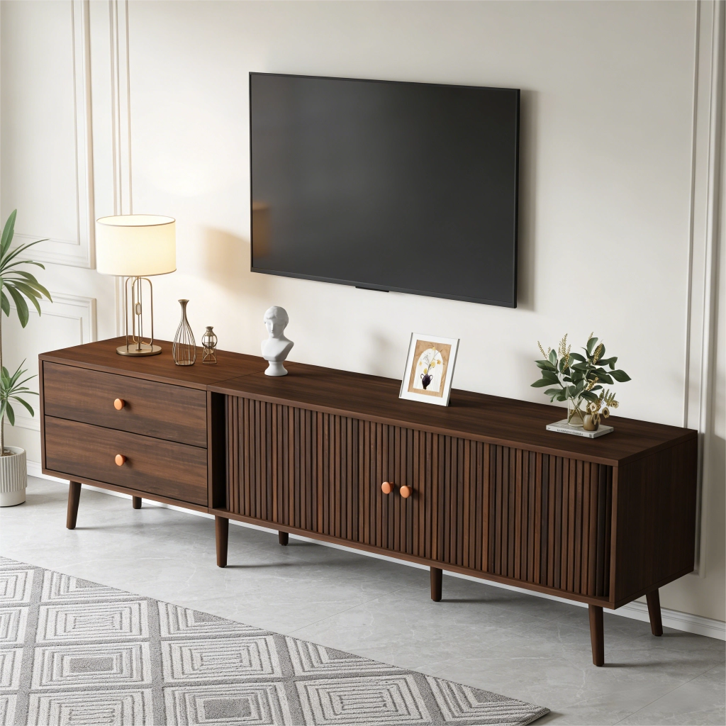 Mobile porta tv 180 cm color noce con ante a serranda e cassetti; MDF