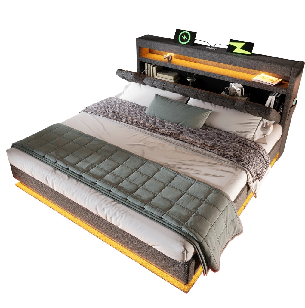 Letto matrimoniale con contenitore 140x190 cm in lino grigio; testiera con LED; USB e Type-C