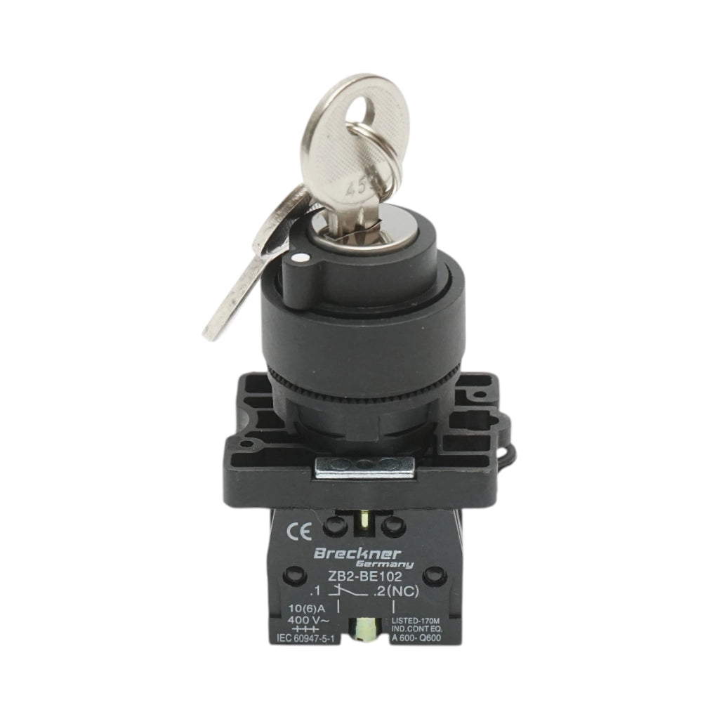 Selettore a 2 posizioni con blocco e chiave 1NO+1NC, 400V/10A, LAY5-EG45 Breckner Germany