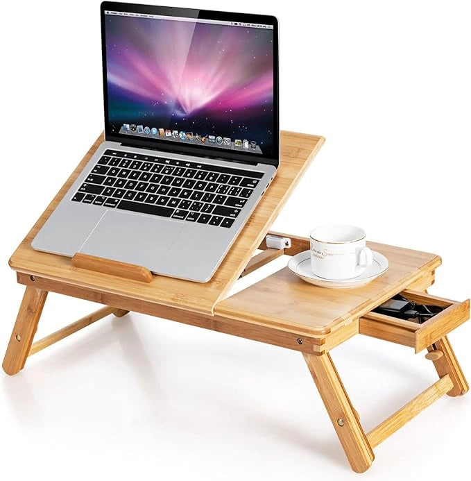 Vassoio per Laptop con Gambe Regolabili e Piano di Dissipazione Termica Inclinabile, Tavolino da Letto Pieghevole con Cassetto Portaoggetti per Leggere, Scrivere e Mangiare (Legno)