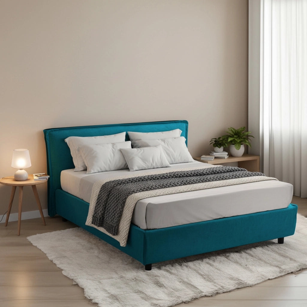 Letto Matrimoniale Bruzolo, Letto Matrimoniale Materasso Incluso Made in Italy, Azzurro