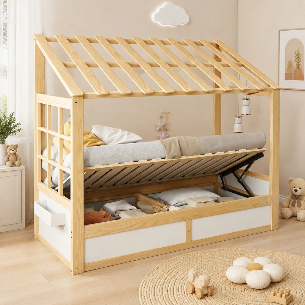 Letto per bambini a casetta 90x200 cm con contenitore idraulico e vani laterali; bianco naturale