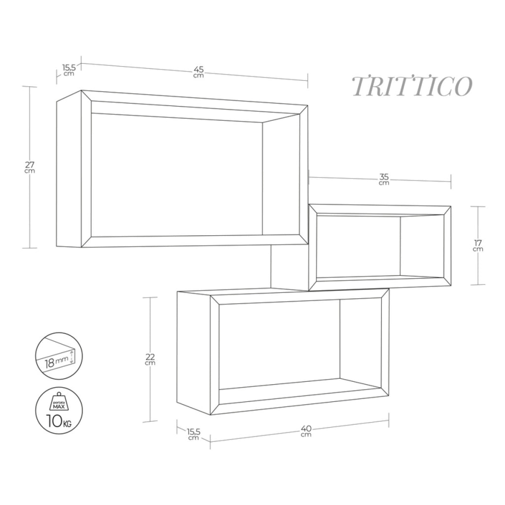 Set di 3 Mensole da Muro Modello TRITTCO. Misure 15.5x45.0x27.0 cm. fInitura  WENGE' - MADE IN ITALY
