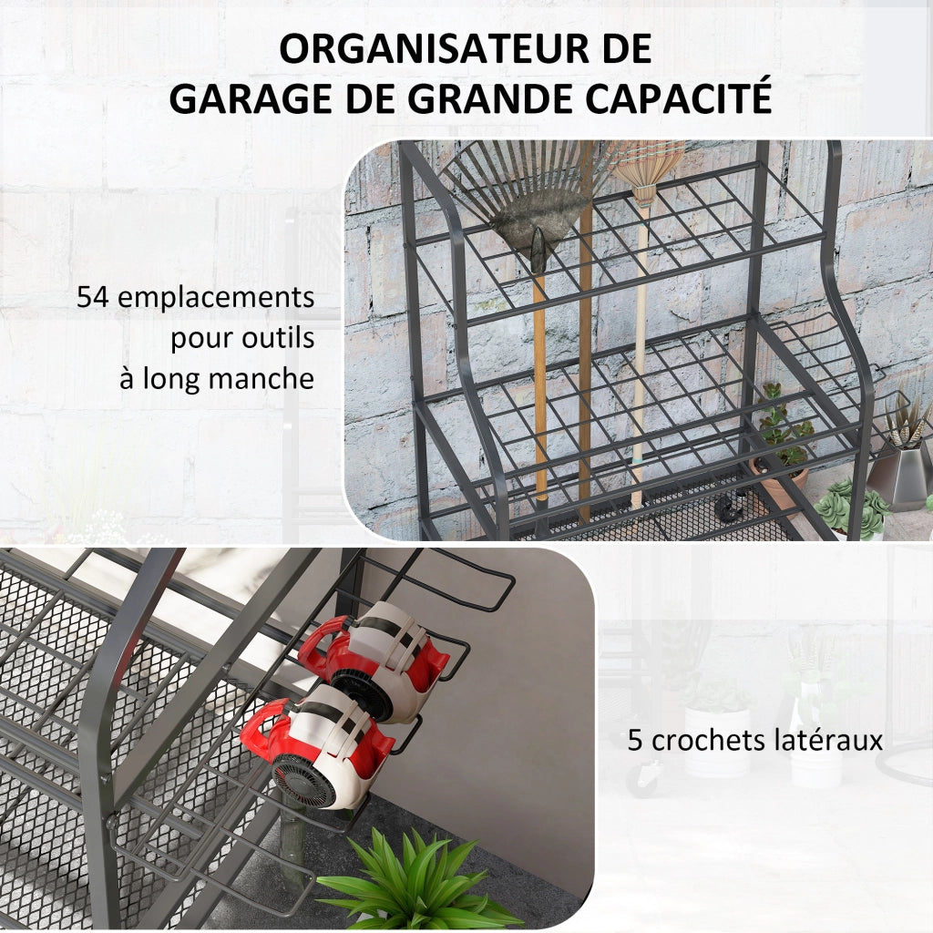 Organizzatore attrezzi da giardino ¨C zephmum ¨C 54 posti 5 ganci acciaio ruote 3 livelli nero