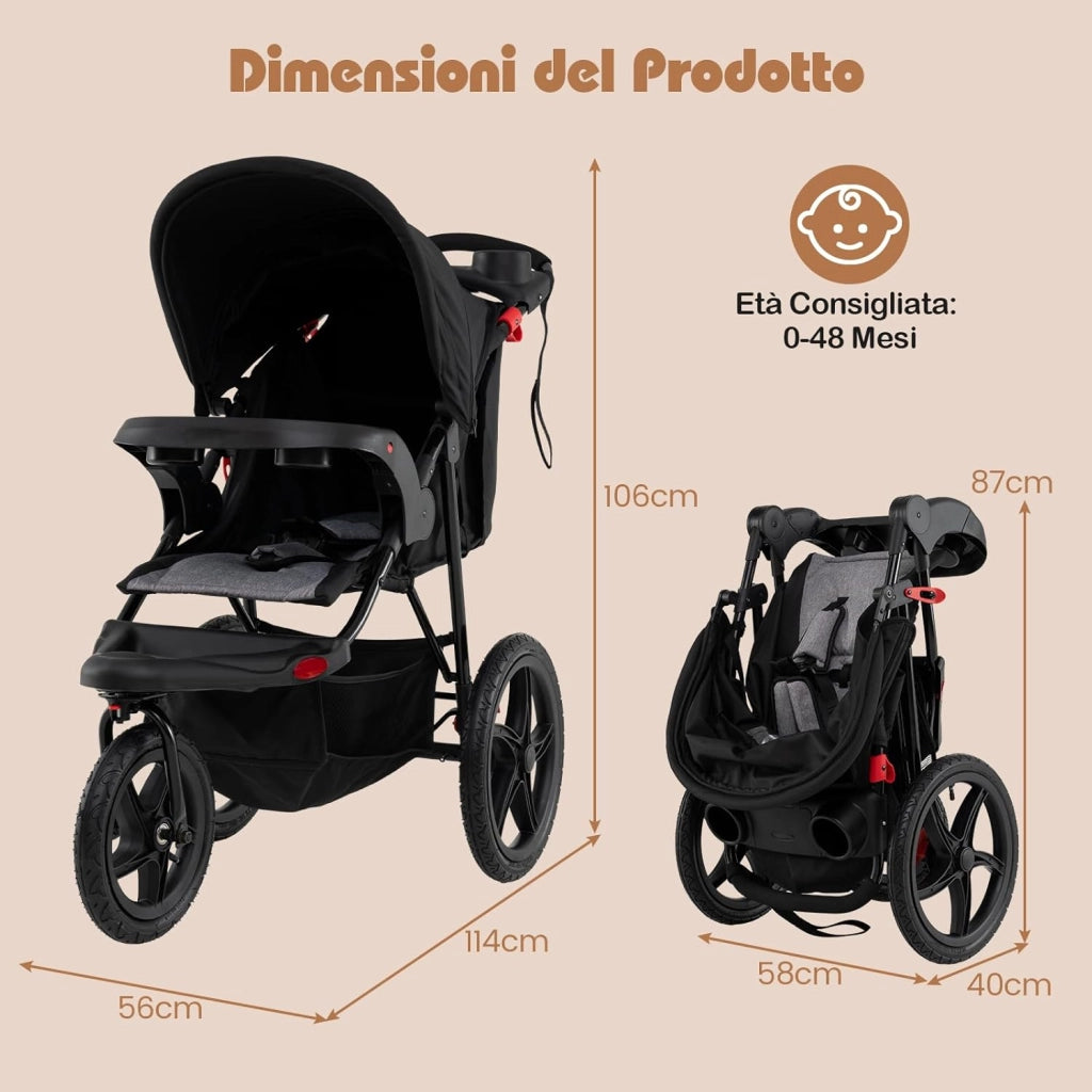 Passeggino Leggero a 3 Ruote, Passeggino Pieghevole con Cappotta Estensibile, Schienale Reclinabile e Portabicchieri, Carrozzina da Jogging per Bambini 0-48 Mesi fina a 22 KG