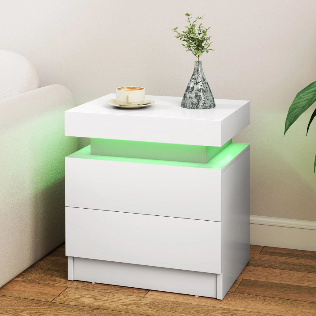 Comodino con luci a LED 2 cassetti, Tavolino da divano moderno con finitura lucida effetto marmo 45x35x52cm Bianco-Comodini