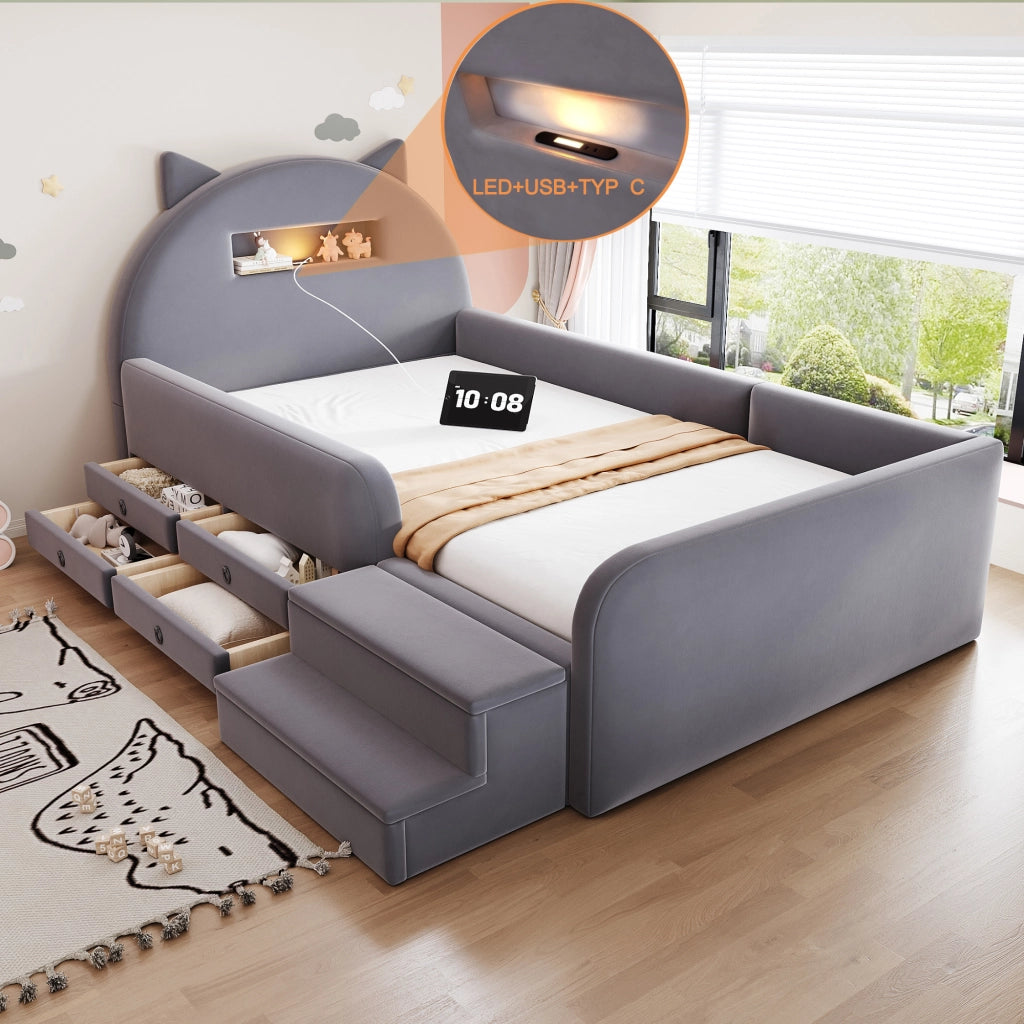 DESMIU Letto per bambini 90 × 200 cm 1 posto con 4 cassetti, USB, luce notturna e pedana removibile, senza materasso