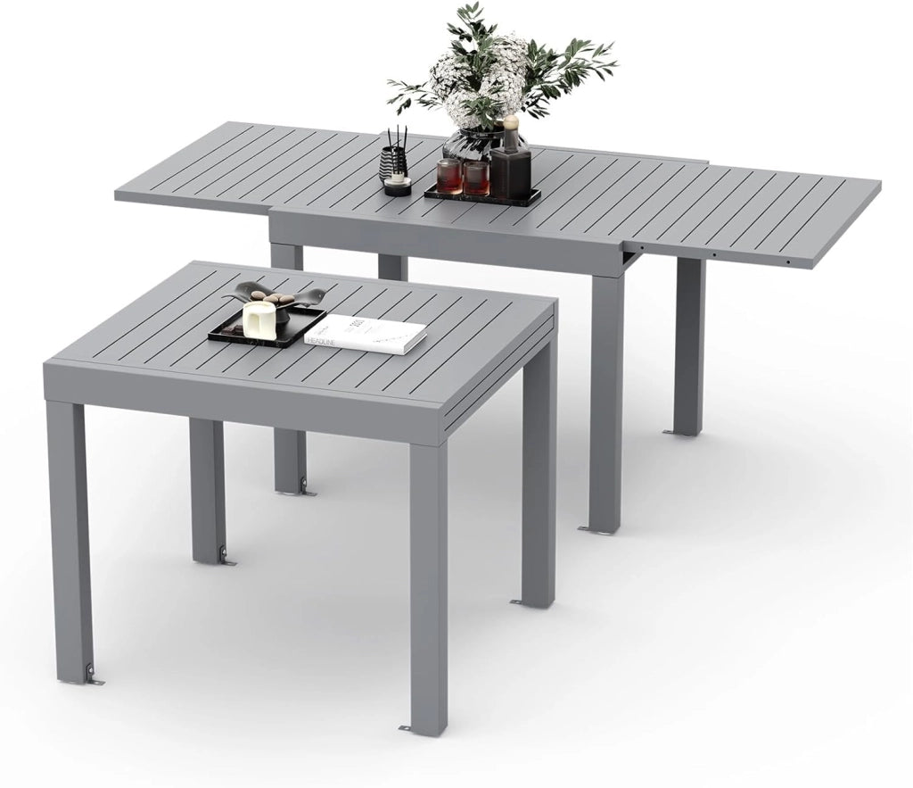 Tavolo da giardino, estensibile, 80/160 x 80 x 75 cm, tavolino allungabile in alluminio, per balcone, resistente alle intemperie, estensibile, tavolo da pranzo all'aperto, grigio Chiaro