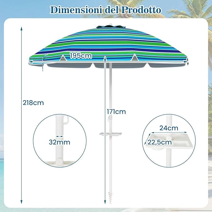 Ombrellone da Spiaggia 200 x 220 cm, Ombrellone da Mare con Inclinazione Regolabile, con Vassoio, 8 Stecche, Protezione UV, Impermeabile, Borsa di Trasporto (Verde)