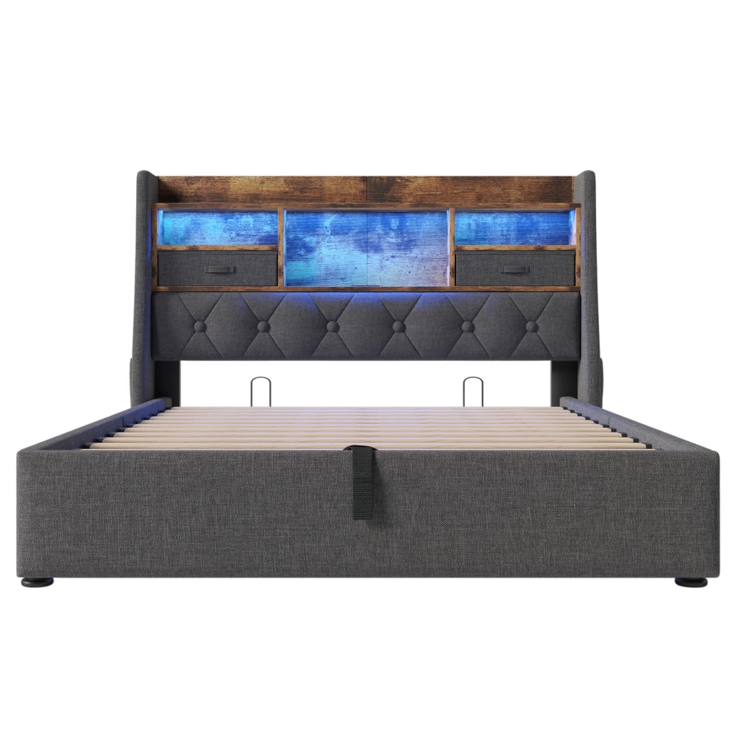 Letti contenitori 160x200 cm con contenitore idraulico e LED; lino grigio (Senza materasso)