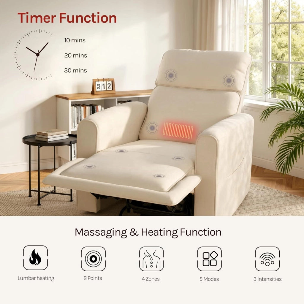 Poltrona Reclinabile Massaggiante con Funzione Riscaldamento, Sedia Ergonomica, Girevole e Oscillante, con Poggiatesta, Tasche Laterali e Porta USB, per Soggiorno, Camera da Letto, Beige