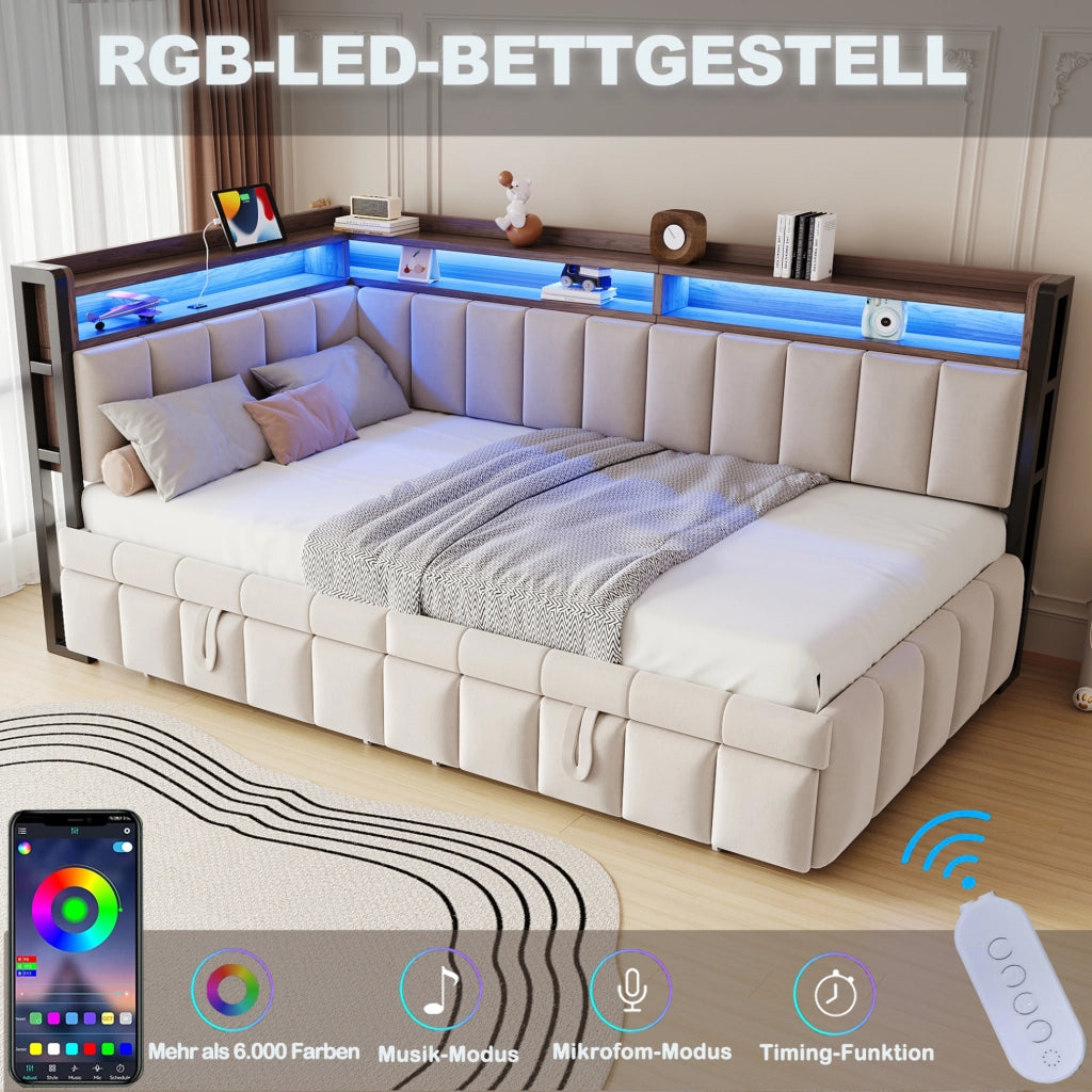 Divano letto estraibile 90x200 cm con LED; USB e USB-C in velluto beige