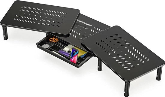 Stand per Monitor in Altura e Lunghezza Regolabile - Sostituto di Monitor con Cassetta di Riposo - Elevatore per Monitor - Nero - 37-110x235x109/129/149cm