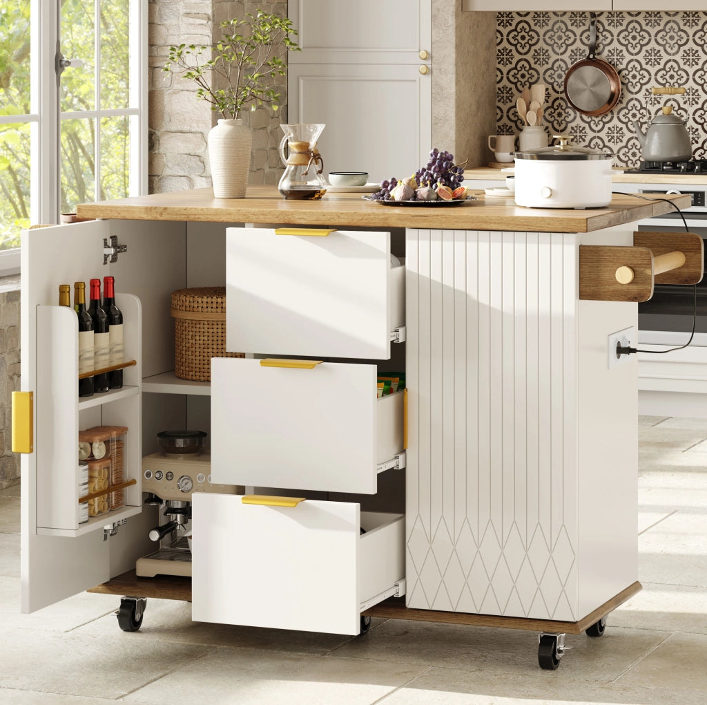Carrello cucina mobile con piano pieghevole e prese, bianco