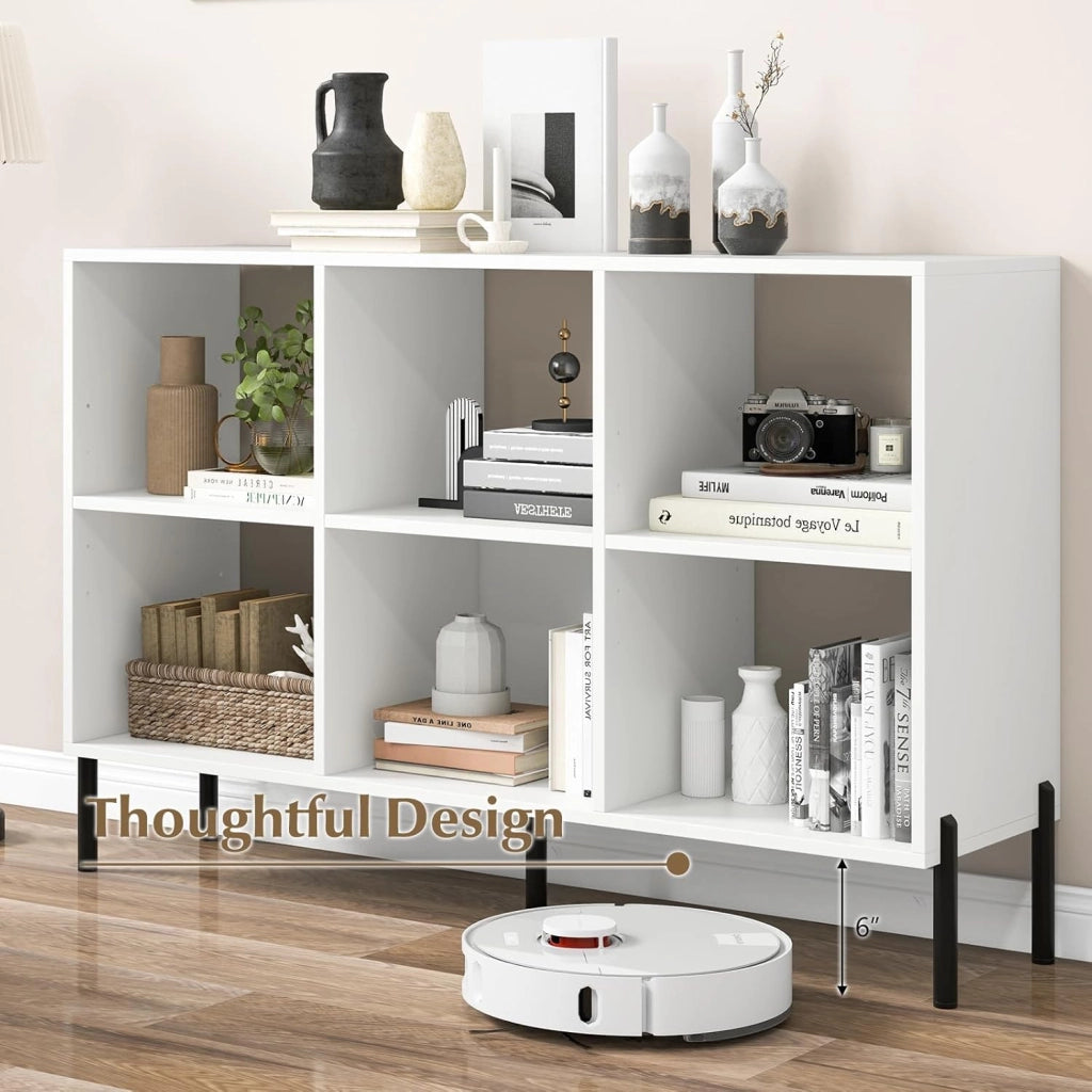 Libreria a 6 cubi, libreria a 3 ripiani in legno lunga 119,4 cm con 5 gambe in metallo, ripiano regolabile, dispositivo anti-ribaltamento, scaffale aperto da pavimento alto 80 cm, mensole