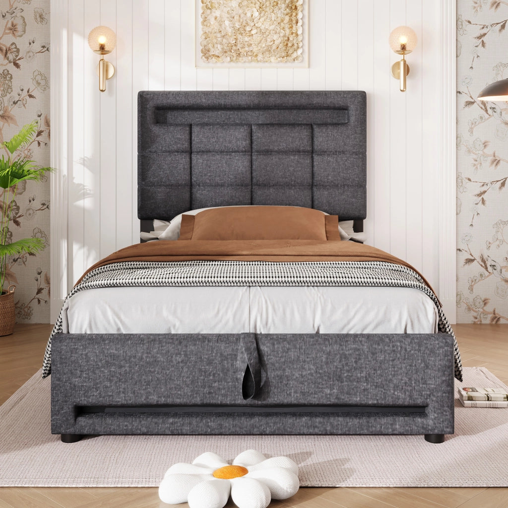 OKWISH Letto Singolo 90×200 cm con Contenitore, LED Regolabile, USB e Controllo tramite App, senza Materasso, in Lino, Grigio