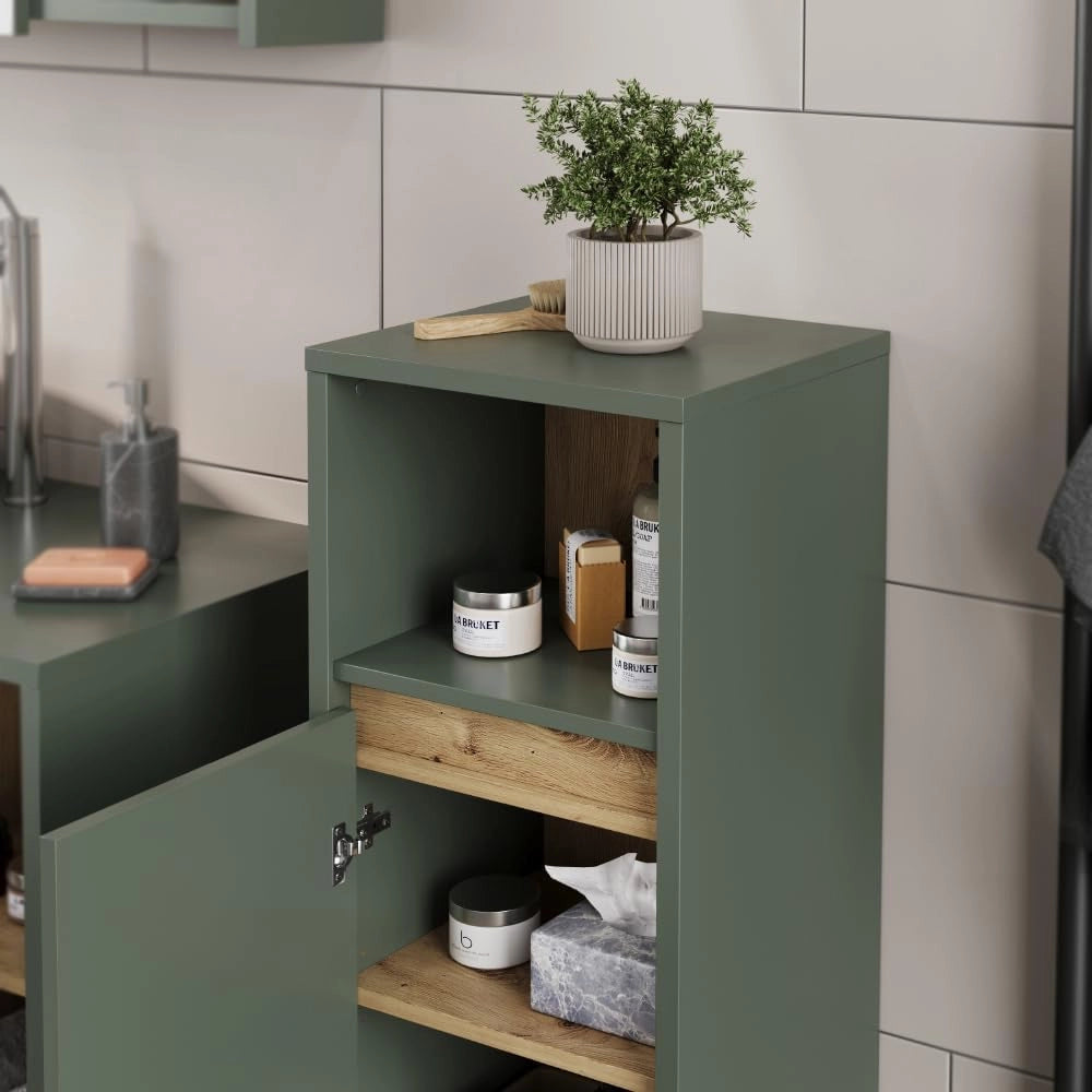 Mobiletto midi Viola, Verde/Artigianale, 33 x 80 cm con porta e ripiano aperto, per montaggio a parete con vani a giorno e vani chiusi