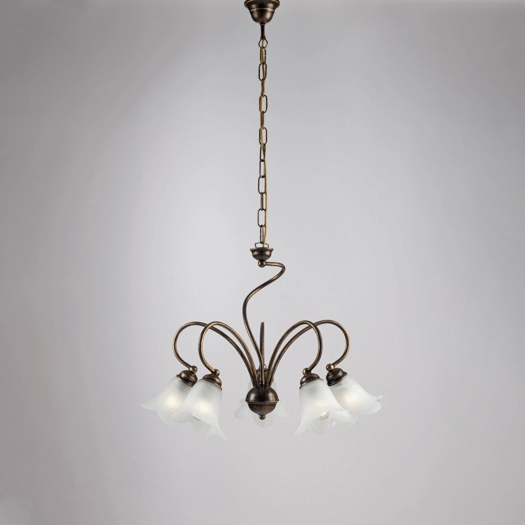 Lampadario 5 Luci Alice Ferro Battuto Marrone E Oro Vetro Bianco