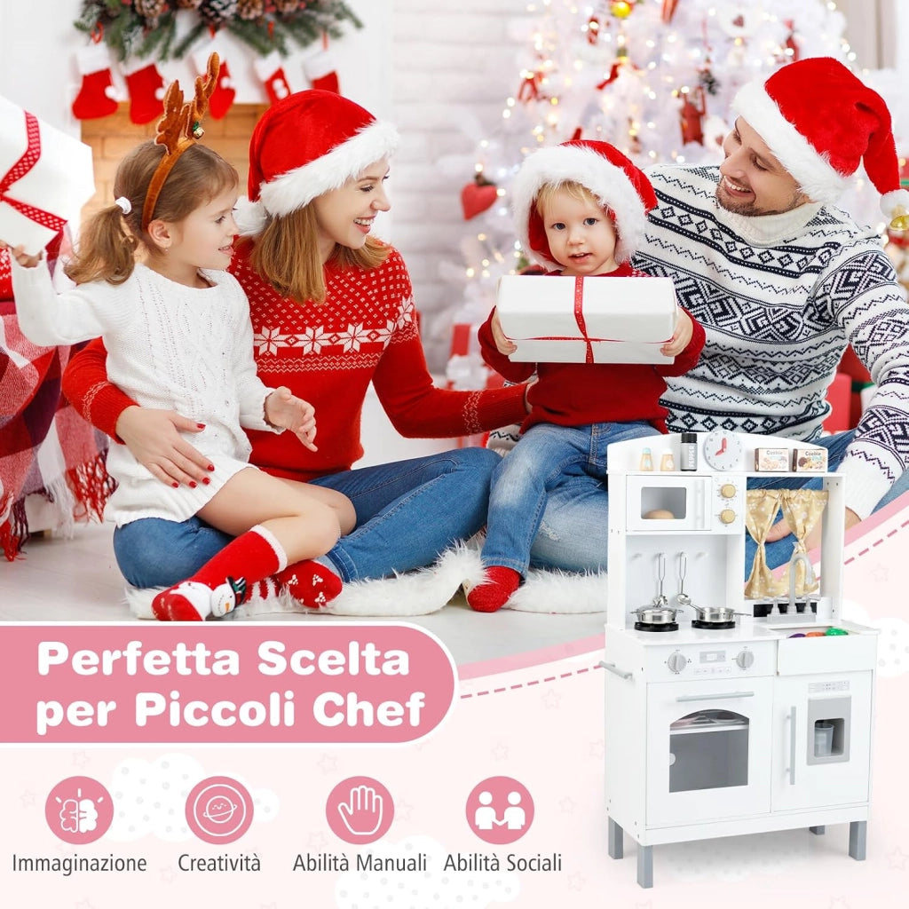 Cucina Giocattolo per Bambini, Cucina Finta in Legno Regolabile in Altezza, Forno a Microonde, Fornelli, Lavello, Forno, Fabbricatore di Ghiaccio, Cucinetta Giocattolo con Tende, per 3+ Anni