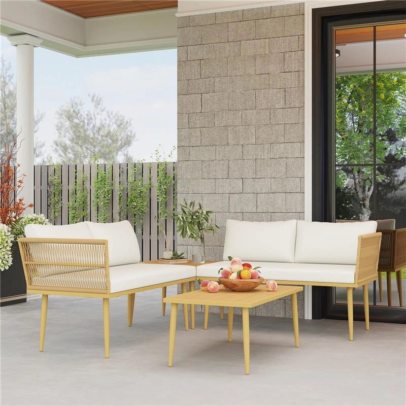 SET SALOTTO DA ESTERNO IN RATTAN PE CON 2 DIVANI A 2 POSTI CON CUSCINI E 2 TAVOLI DA CAFFÉ COLORE LEGNO