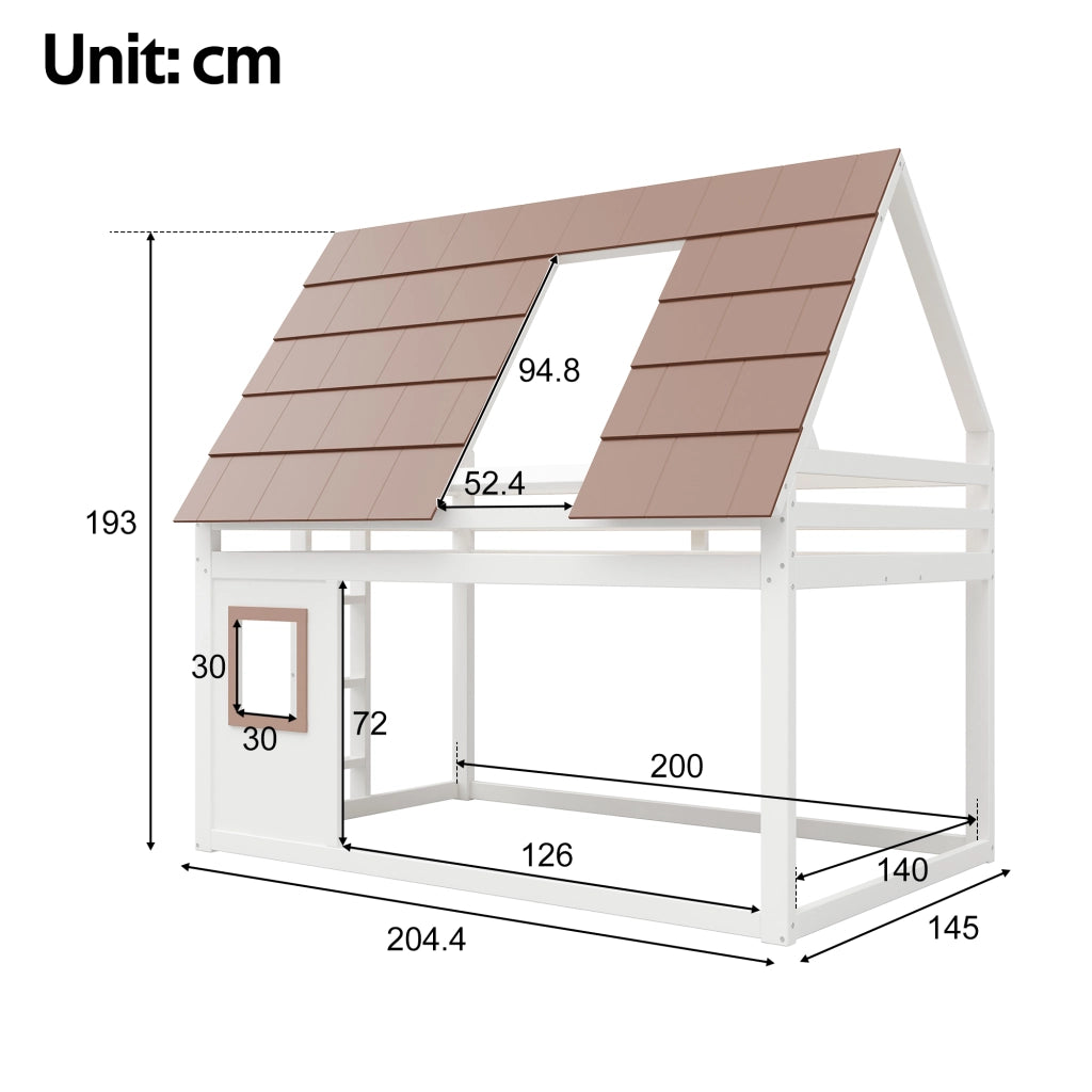 Letto a castello 140 × 200 cm con tetto e scala, sponde di sicurezza, senza materasso, in legno, marrone e bianco