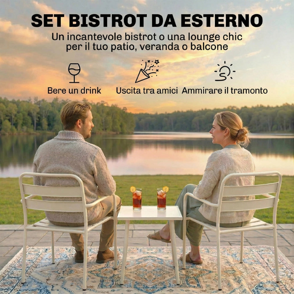 Set Bistr¨° 3 pezzi: tavolino in vetro e 2 sedie, arredo esterno bianco.