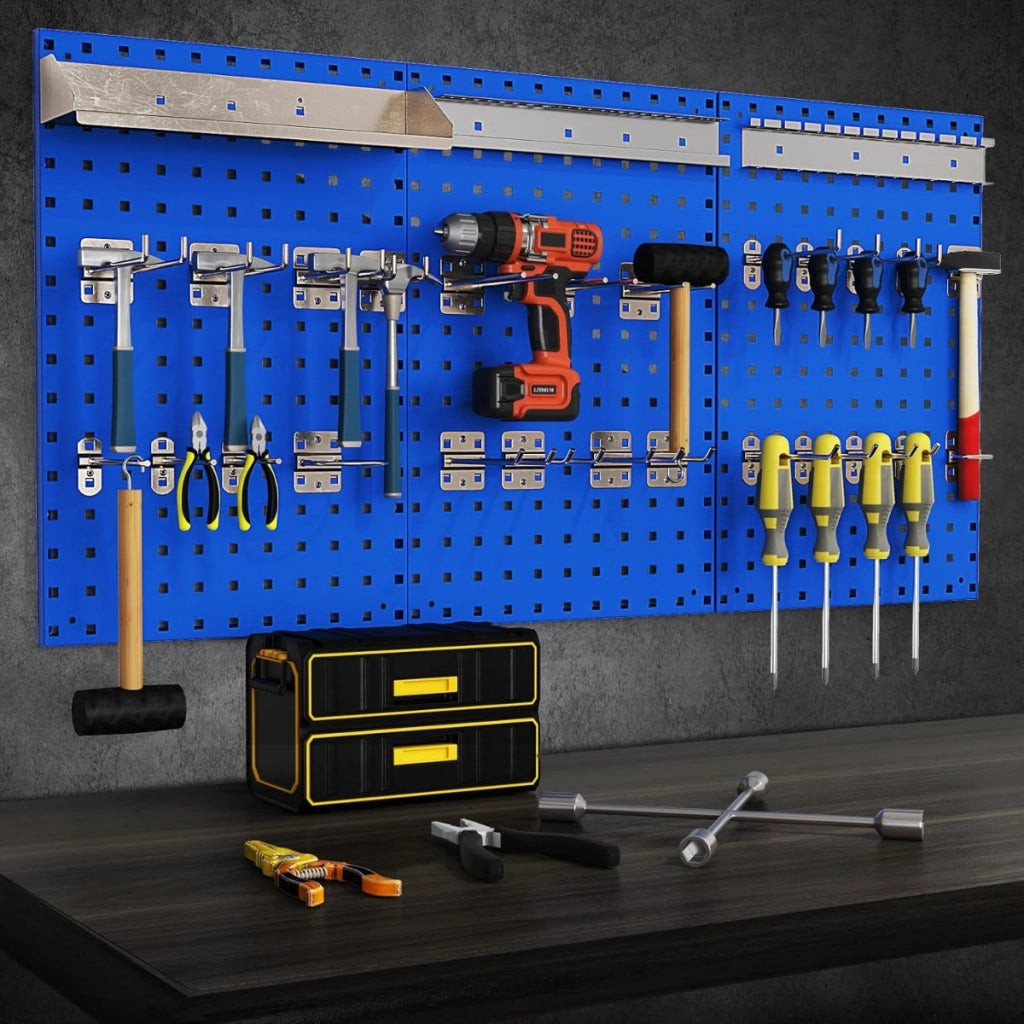 Kit pegboard da parete con 3 pannelli portautensili-Kit di organizzazione per strumenti con 28 accessori per garage e laboratorio Blue Navy