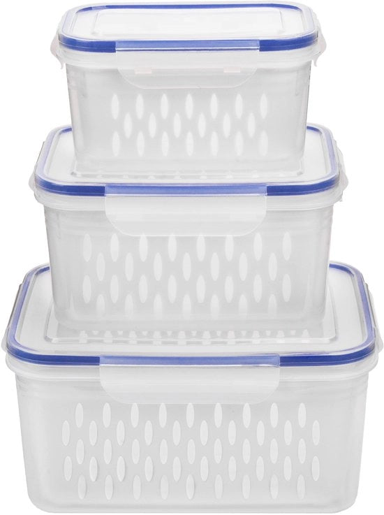 Set di 3 contenitori per alimenti, 6 pezzi, 0,85L, 1,75L e 3,3L, con coperchi, in blu