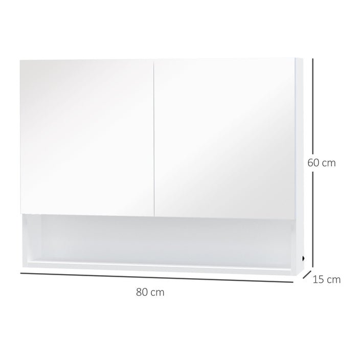 Mobiletto Specchiera da Bagno 2 Ante 1 Ripiano 80x15x60 cm con Luce LED Bianco