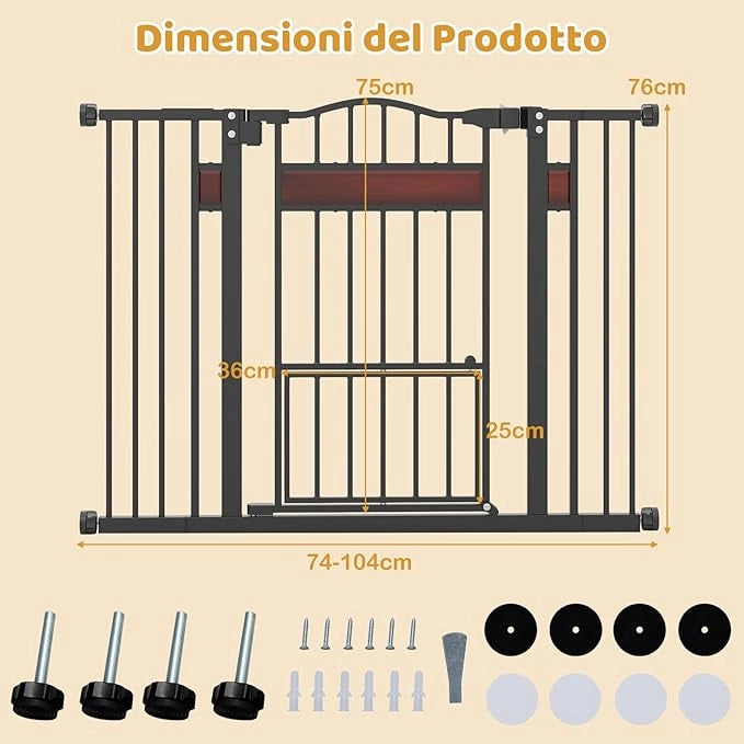 Cancelletto per Bambini per Aperture 74-104 cm, Cancello per Bambino con Porta Piccola, 2 Estensioni e Doppio Blocco, Cancelletto in Metallo da Interno per Cucina, Scale e Soggiorno (Nero)