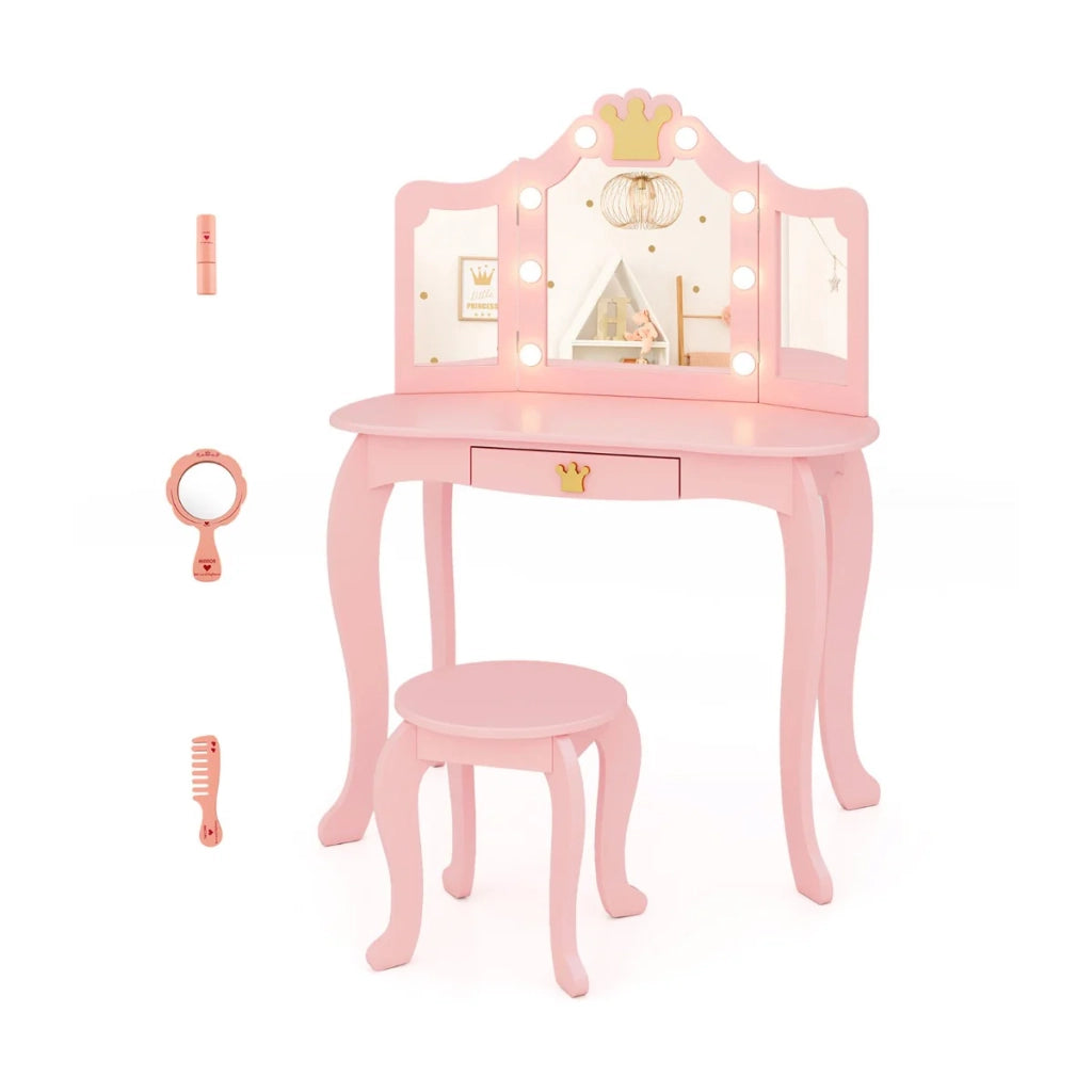 Toeletta per bambini 80 x 40 x 106 cm con specchio pieghevole luci LED regolabili design moderno in MDF rosa 20_0011532