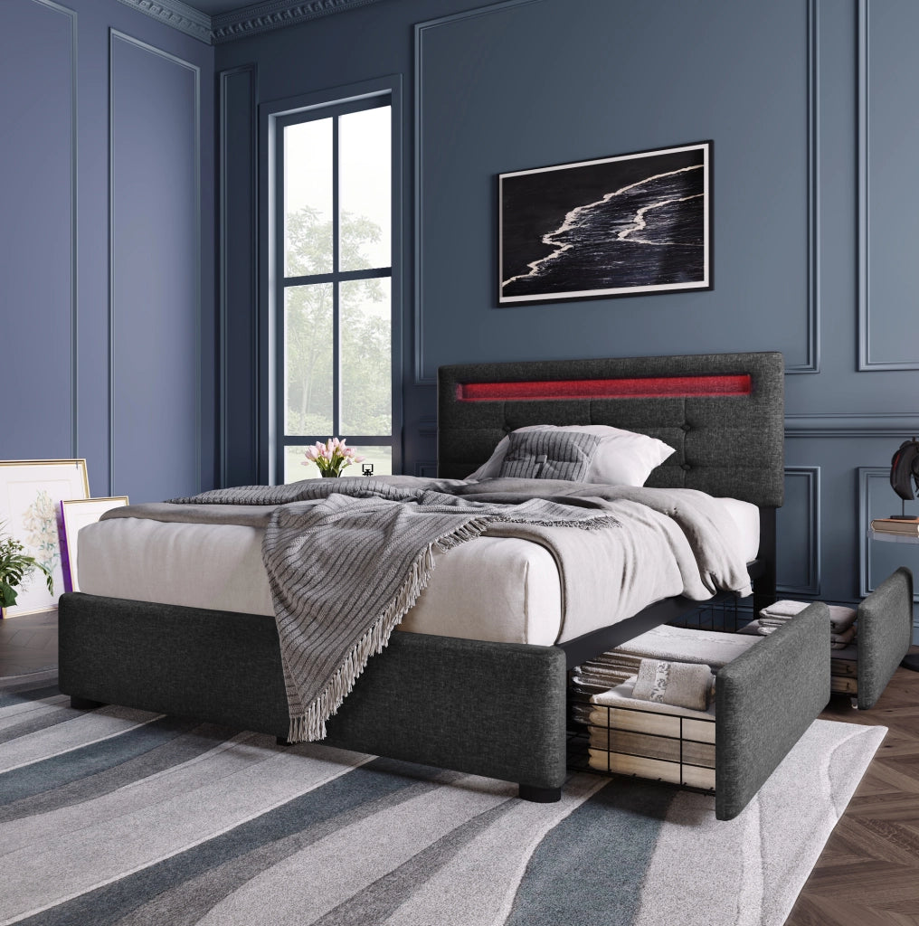 Letto singolo imbottito 90x200 cm con LED, 2 cassetti e materasso a molle grigio, testiera regolabile in altezza