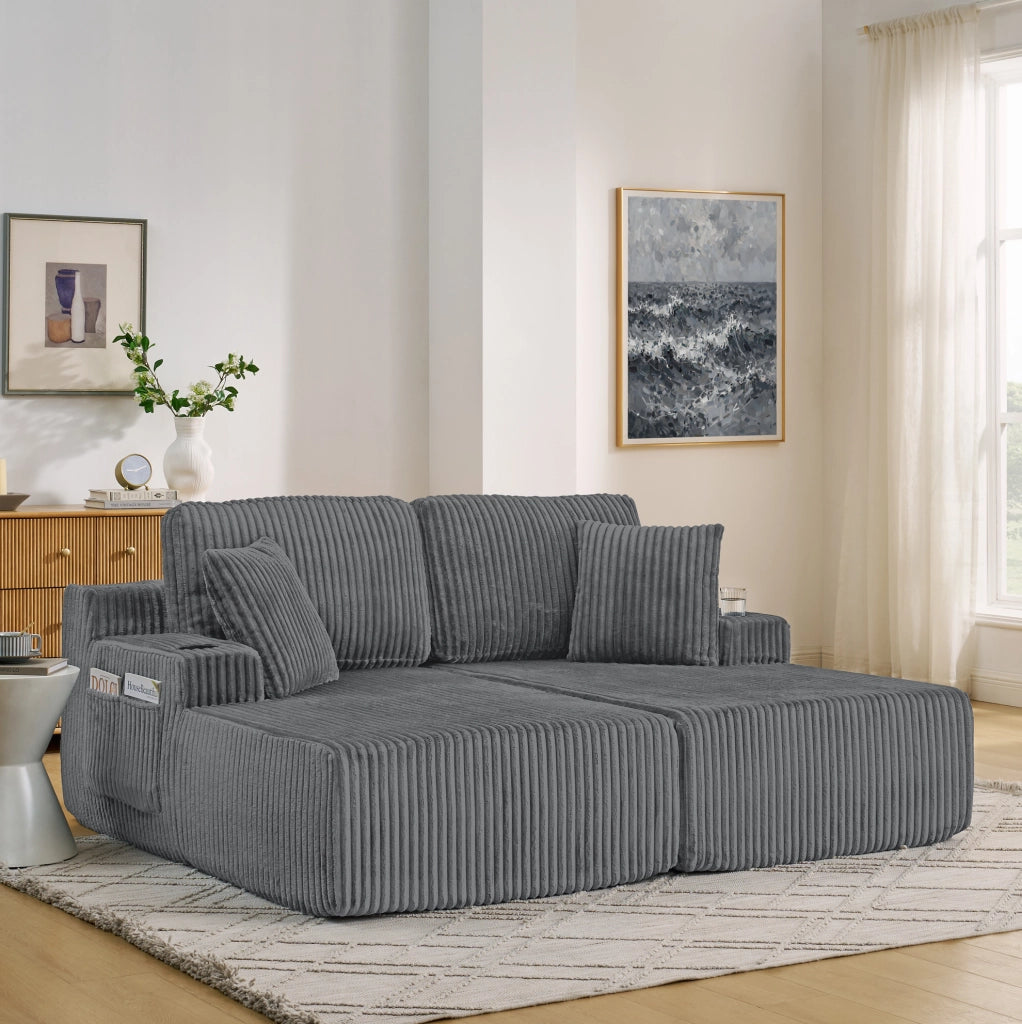 Divano relax 2 posti in tessuto a coste grigio con portabicchieri e tasca laterale