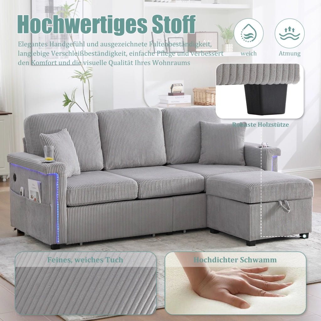 DIVANO Modulare con LED, USB/TypeC, contenitore, 194x73x81 cm, Grigio chiaro