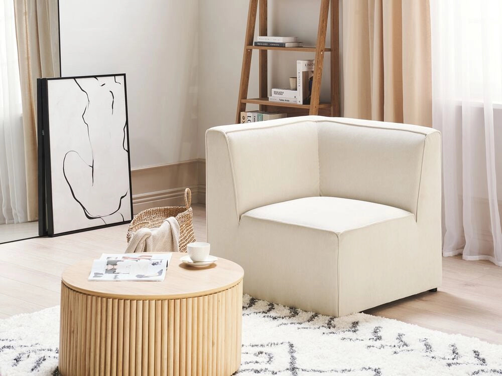 Modulo divano a 1 posto in velluto a coste beige con sezione angolare. Divano moderno a un posto