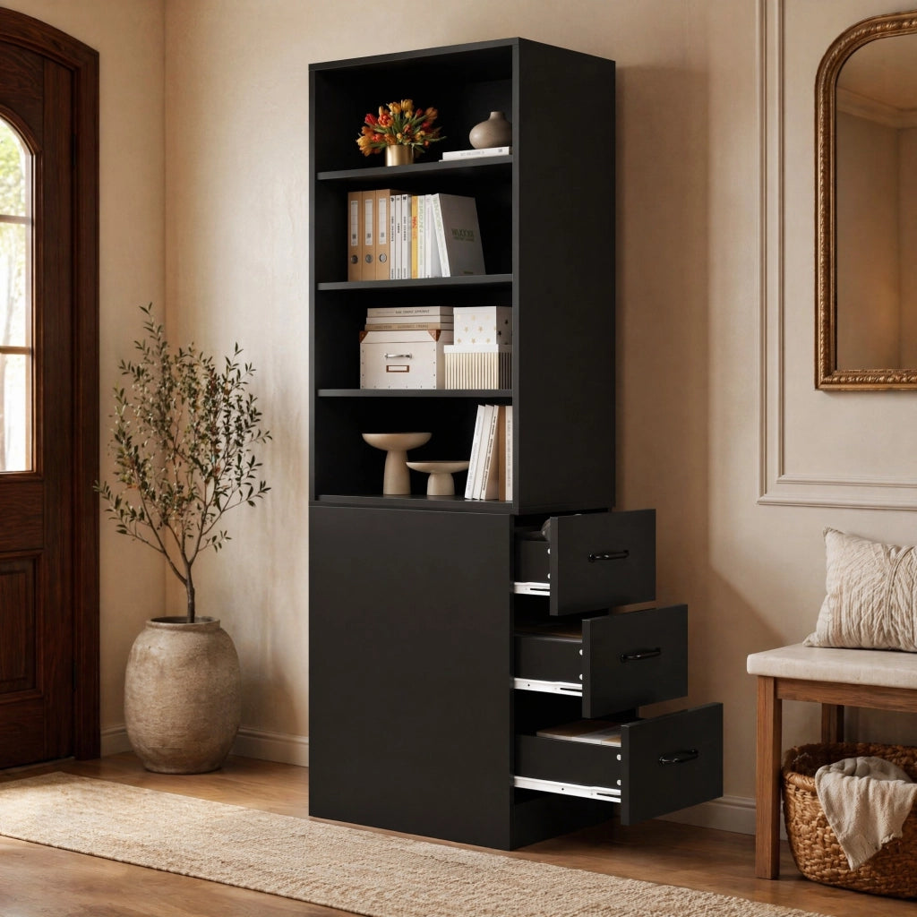Libreria alta e stretta 180 cm con cassetti laterali, 4 vani aperti e ripiani regolabili, colore nero