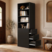 Libreria alta e stretta 180 cm con cassetti laterali, 4 vani aperti e ripiani regolabili, colore nero