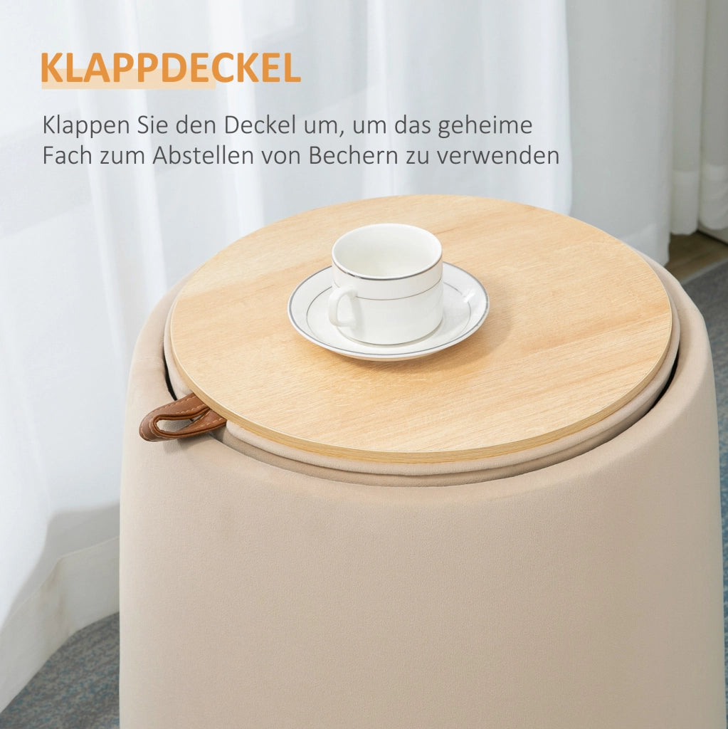 Ottomana rotonda beige con vano contenitore e coperchio reversibile