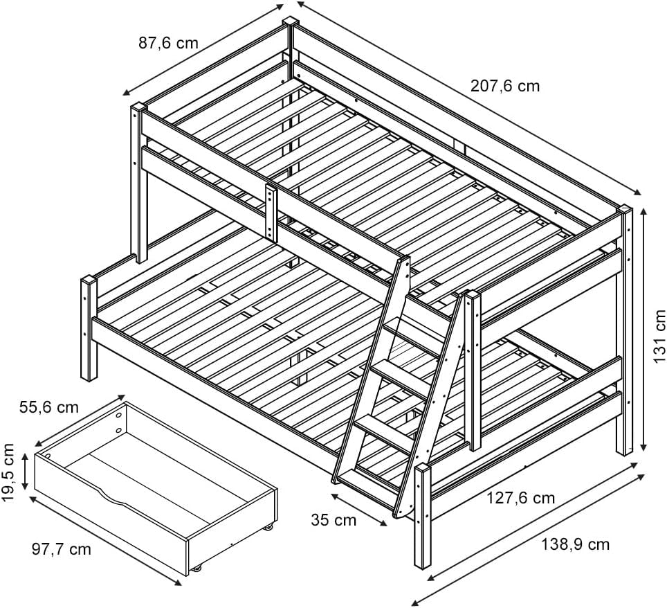 Letto a castello Everest, Legno naturale, 120x200 / 80x200 cm con 2 materassi e 2 cassetti, con scala integrata e sistema di doghe stabile
