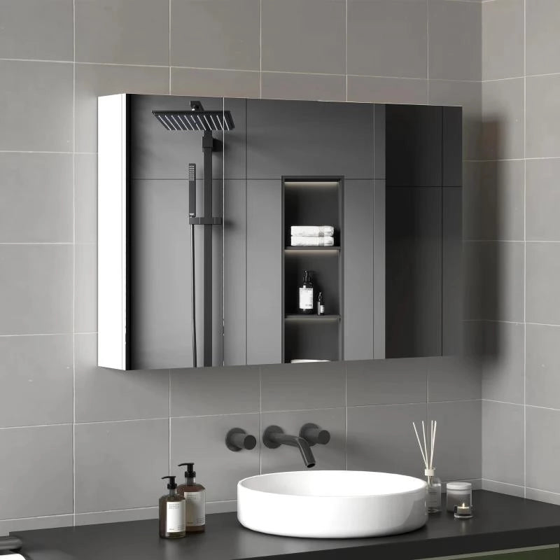 ARMADIETTO PENSILE BAGNO CON 3 ANTE A SPECCHIO E RIPIANI REGOLABILI IN LEGNO 90X13.5X60 CM, BIANCO
