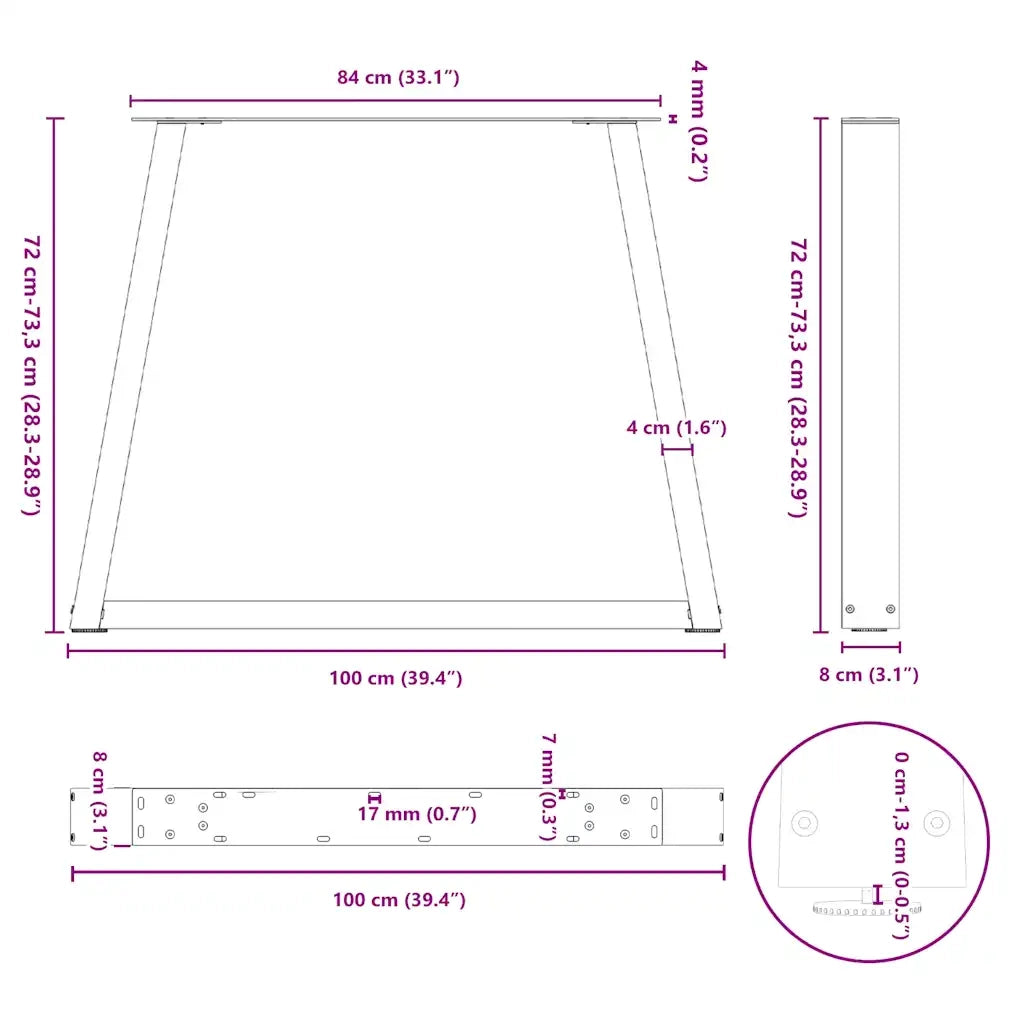 Gambe per tavolo da pranzo a forma di V 3 pz nere 100x(72-73,3) cm in acciaio